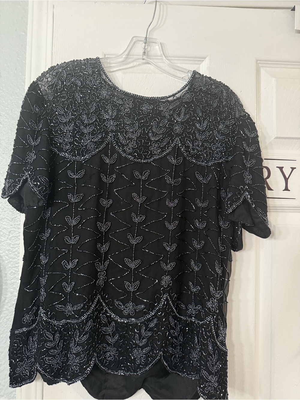 Black Beaded Floral-Embellished Women's Blouse